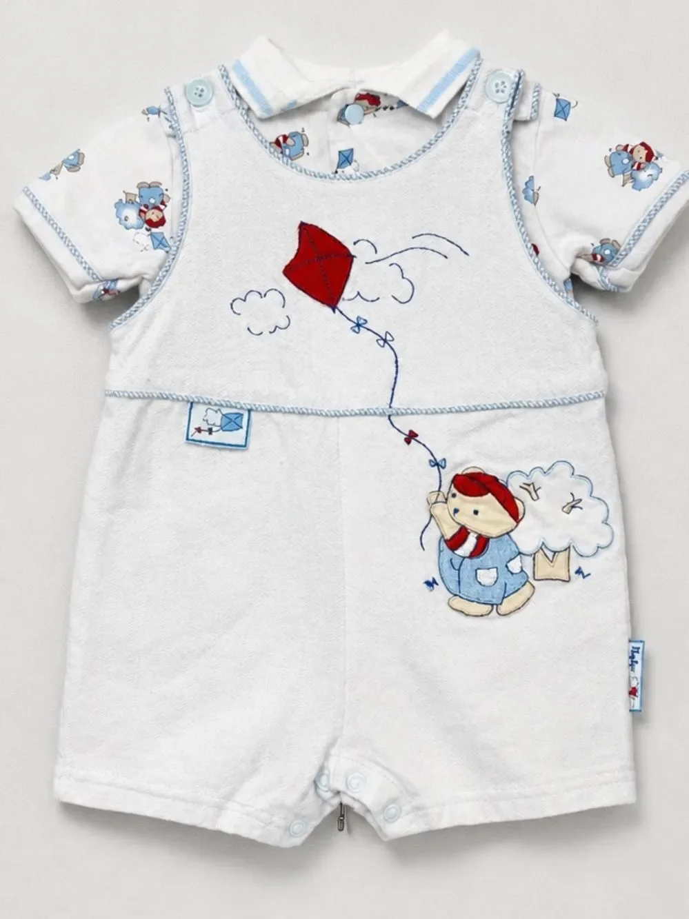 Baby Grand two piece baby blue romper bear flying kite appliqué & print polo